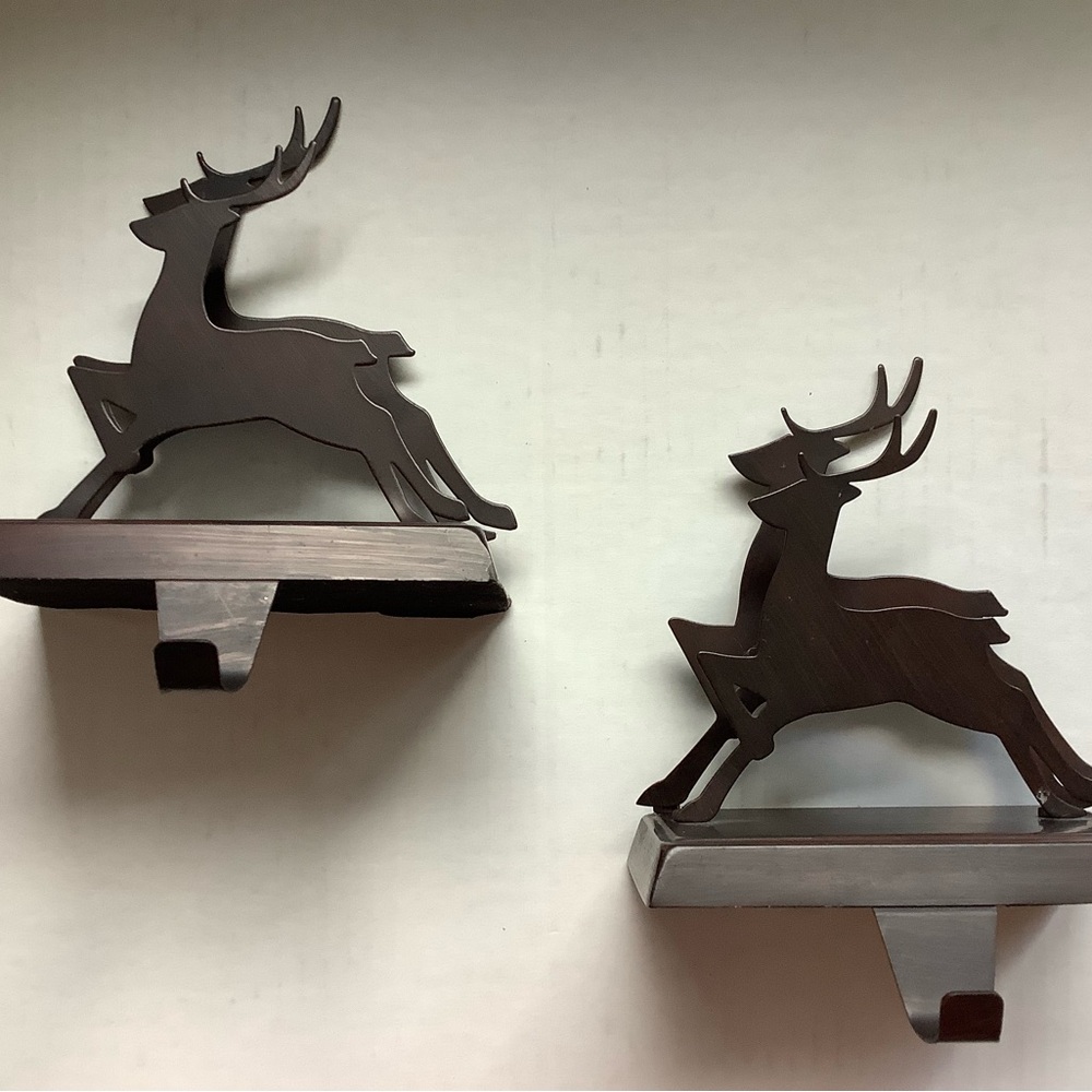 2 Metal Reindeer Christmas Stocking Hangers/Holder. Heavy, good conditio…